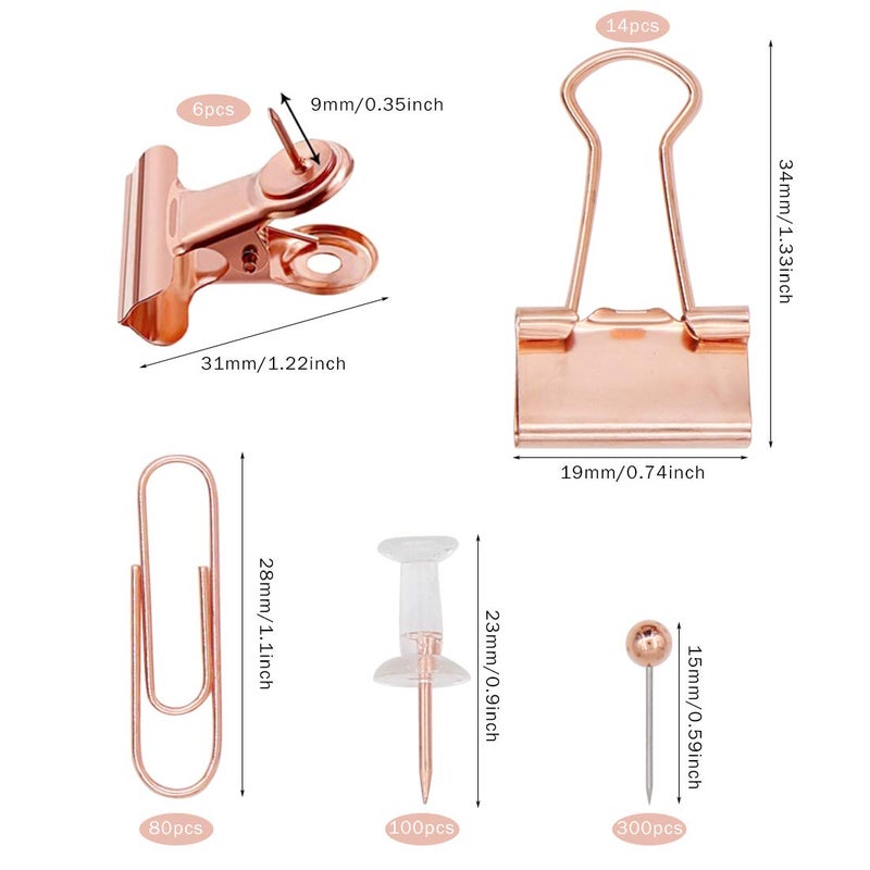 Apol 500PCS Office Stationery Set,Rose Gold Paper Clips Binder Clips Push Pins Round Head Pins 5 in 1 Box for Home School Office Supplies - Image 2